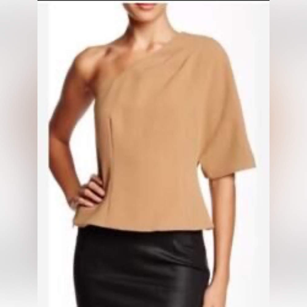 L.A.M.B. Sz 0-2 Gorgeous TAN draped 1 shoulder side zip top